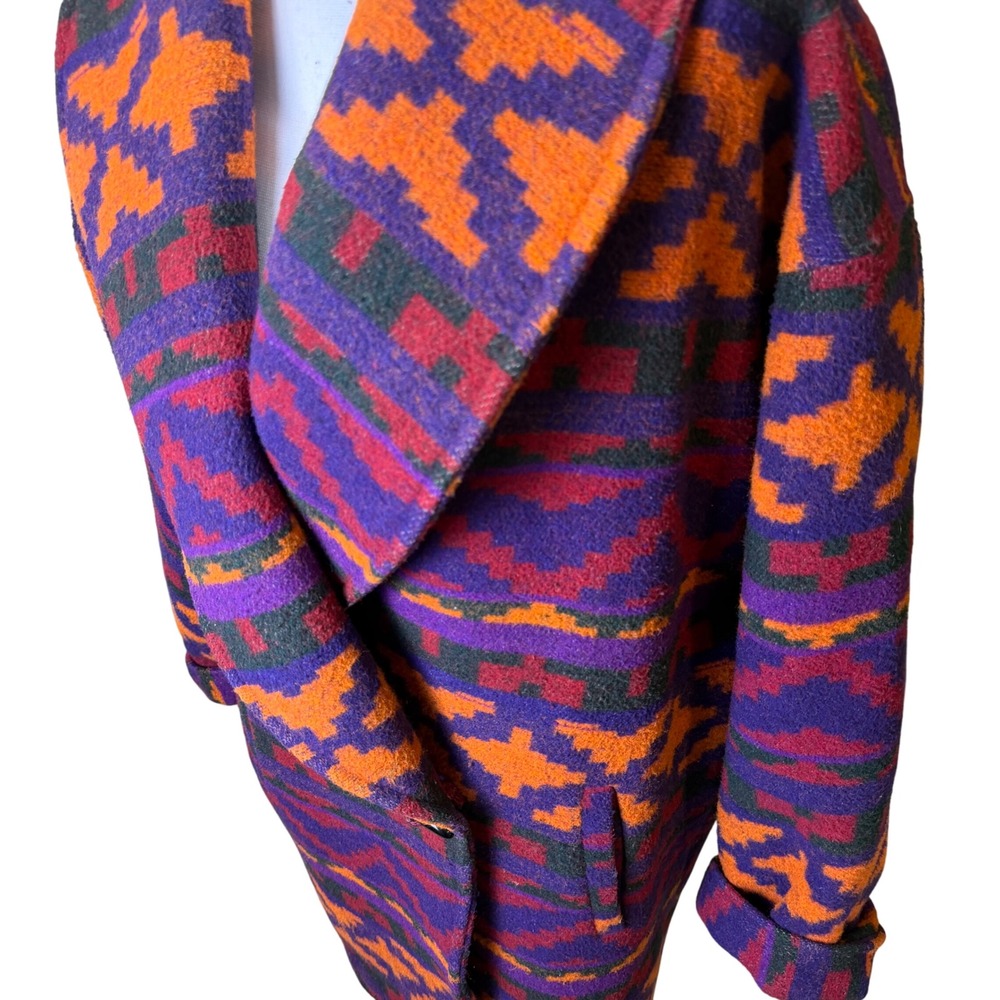 Braetan Vtg‎ Southwestern Geometric Wool Blend Coat Purple Orange Toggle Sz Med - Picture 3 of 13